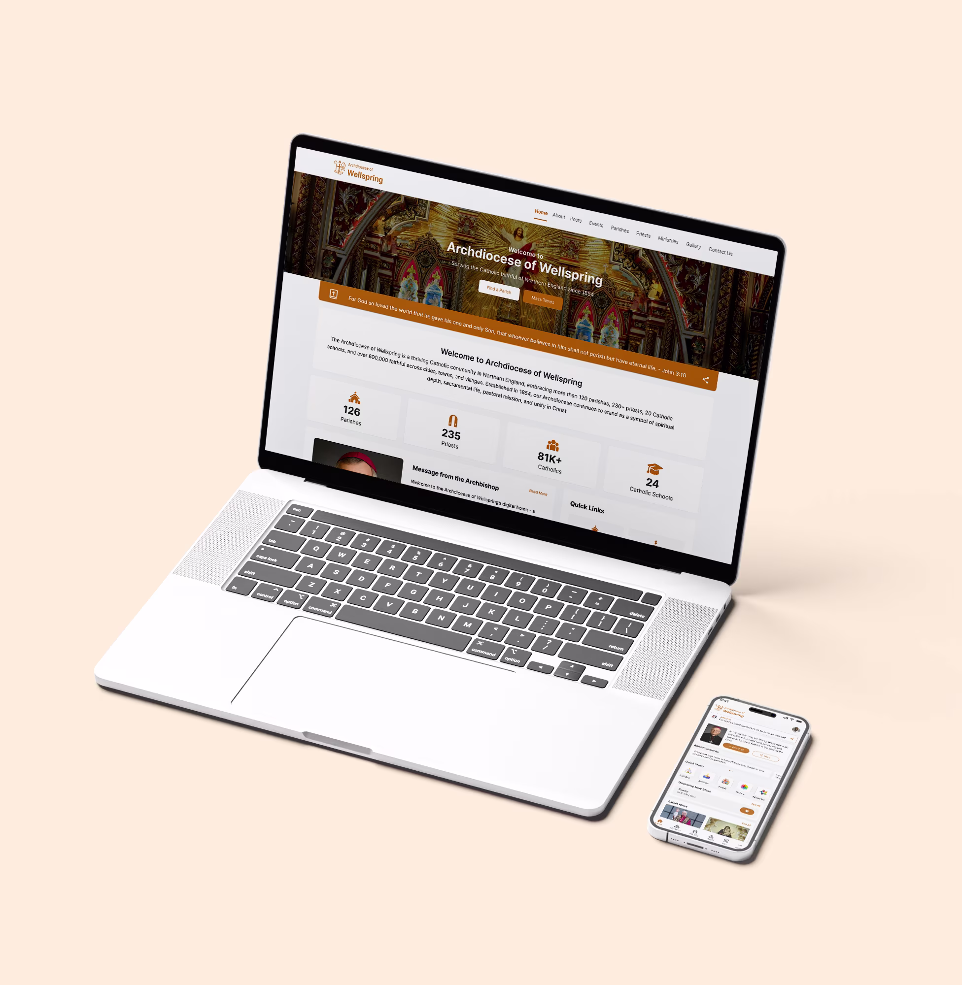 Laptop and smartphone displaying the Archdiocese of Wellspring website and mobile app interface, featuring parish statistics, diocesan announcements, and navigation menus, presented on a light beige background in an angled view.