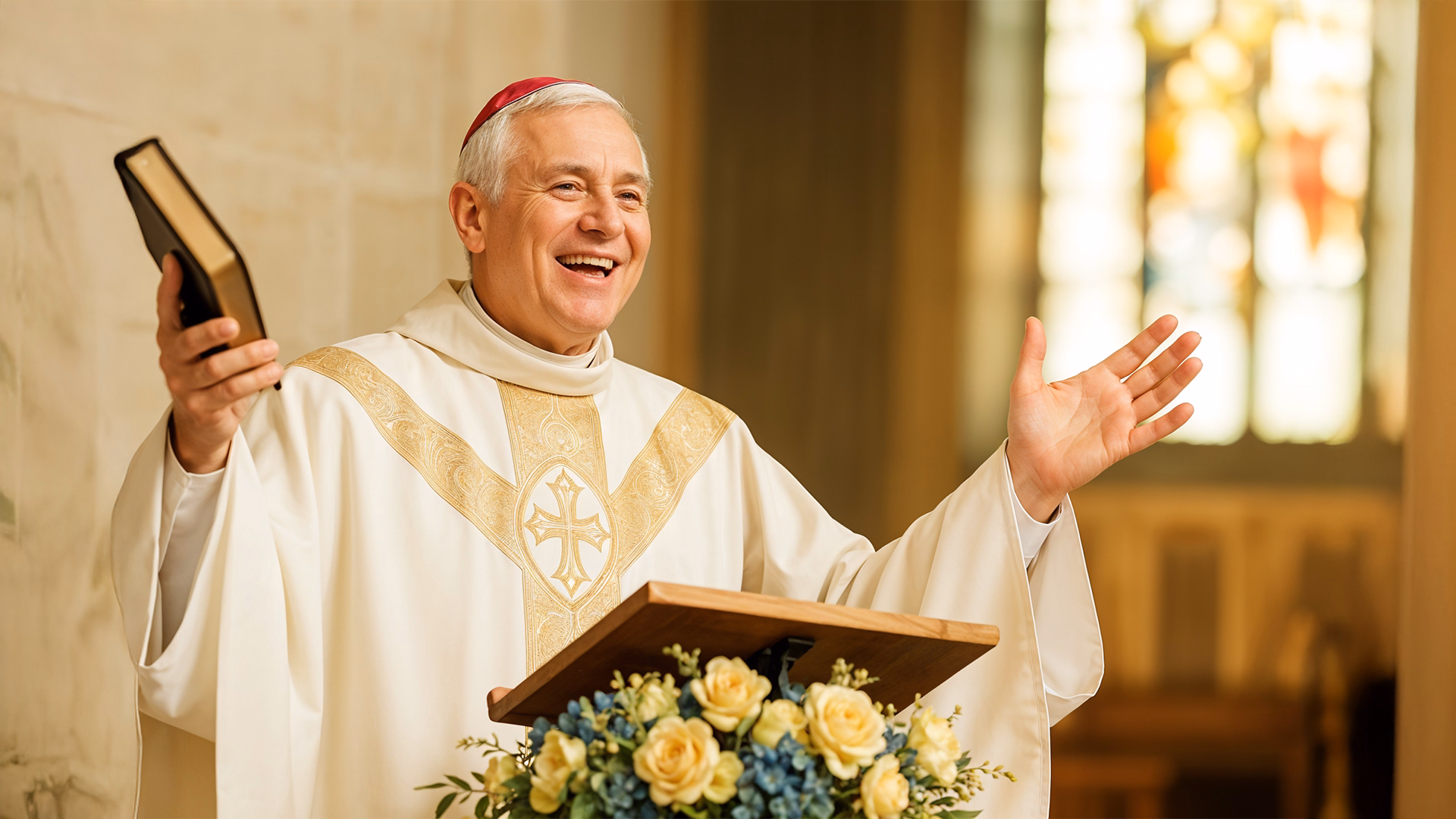 Smiling Catholic bishop in white and gold vestments preaching at a church pulpit, holding a Bible in one hand with the other hand raised, set against a softly lit background with stained glass windows and floral arrangement.