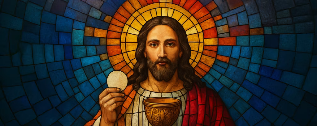 Stained glass image of Jesus Christ holding the Eucharist and a golden chalice, surrounded by a radiant halo of warm light and a mosaic of blue, red, and orange glass tiles